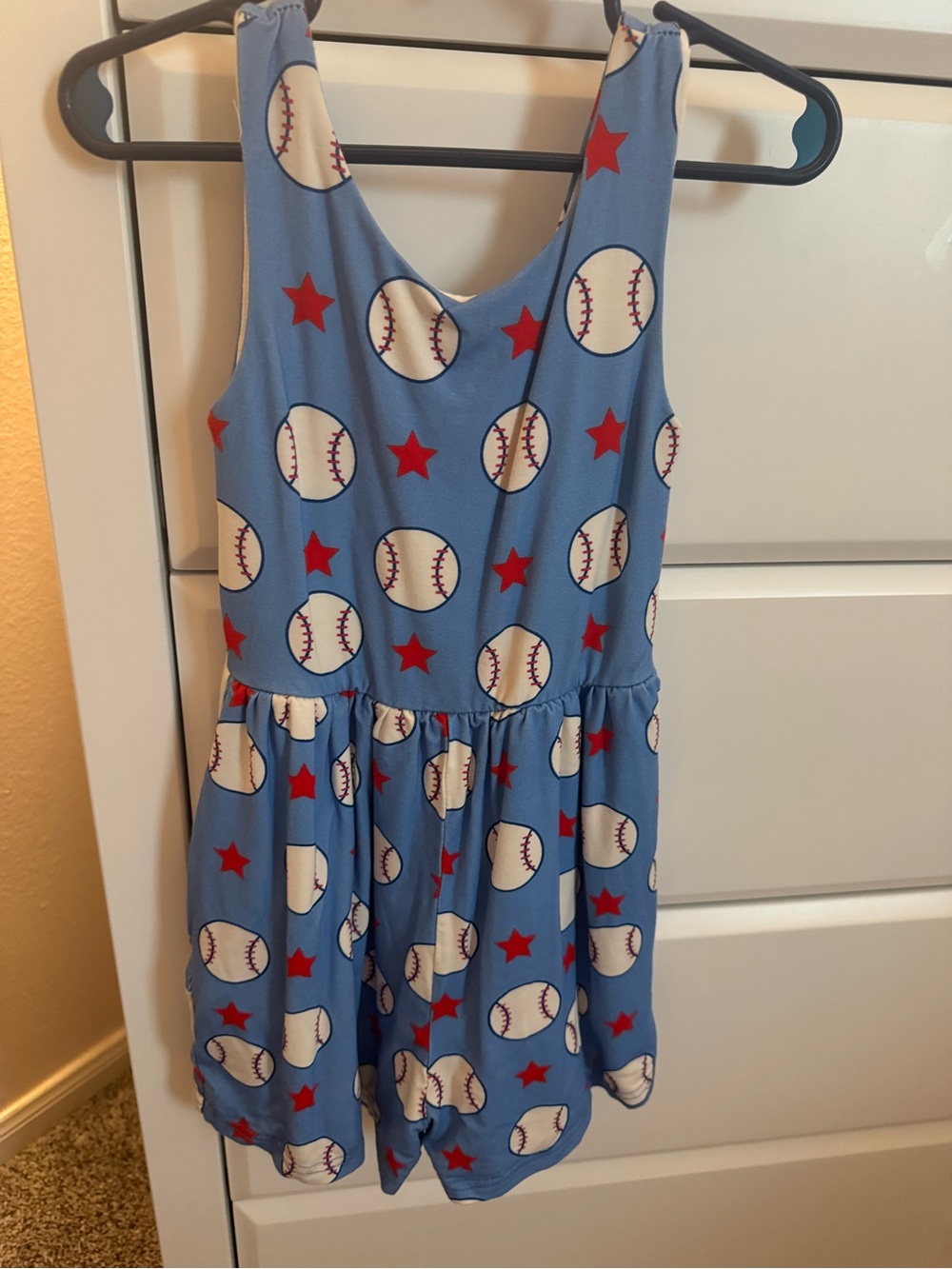 SweetHoney Blue Baseball Print Girls' Romper with Red Stars